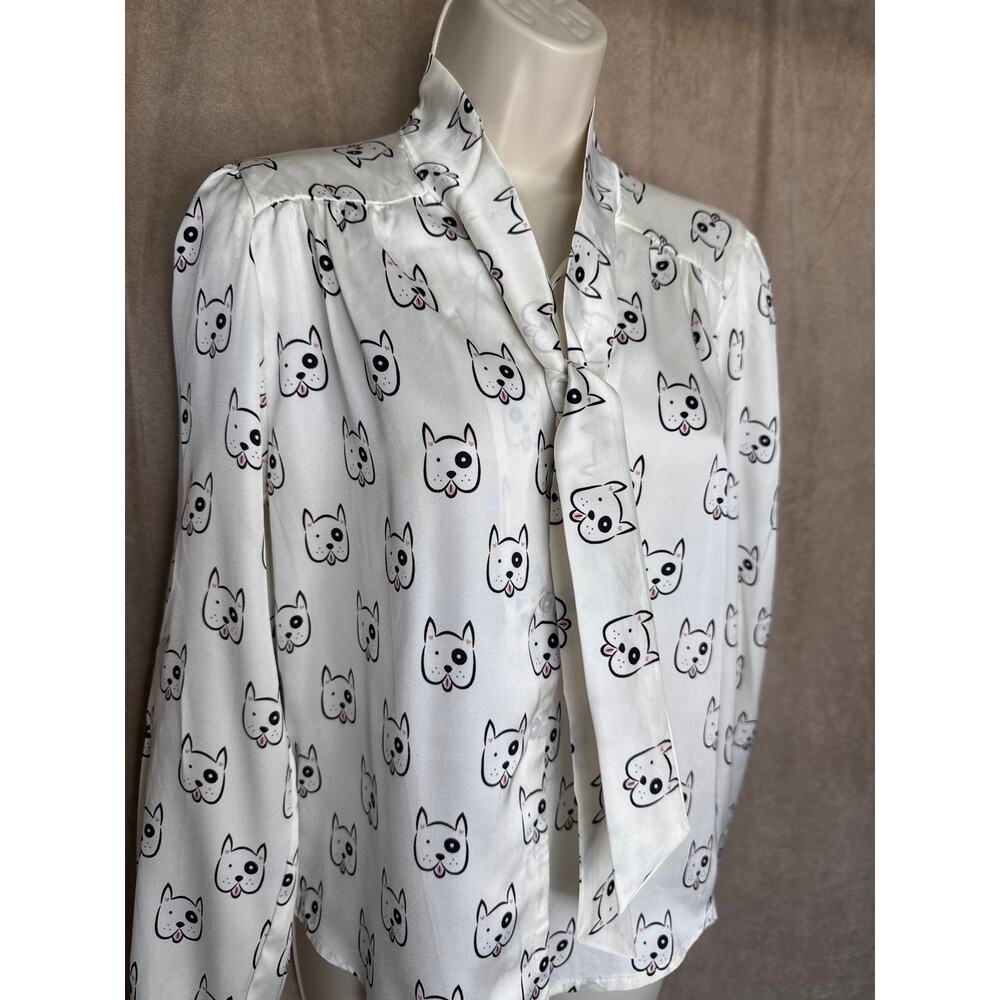 Unique Vintage Tulip B White Dog Tie Neck Long Sleeve Blouse S NWT - Picture 3 of 6